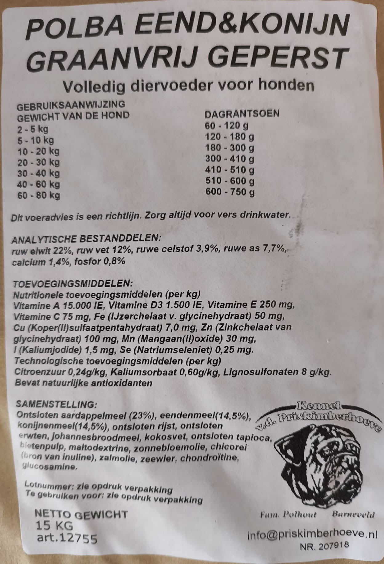 Polba eend/konijn graanvrij 15kg